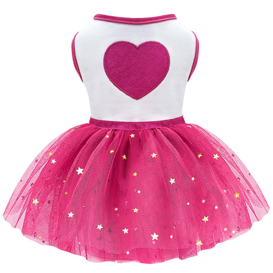 Idepet Spring Summer Pet Dog Cat Puppy Tutu Princess Dress Heart Printed Lace Dog Skirt Pet Apparel Dog Dress (Rose Red XL)